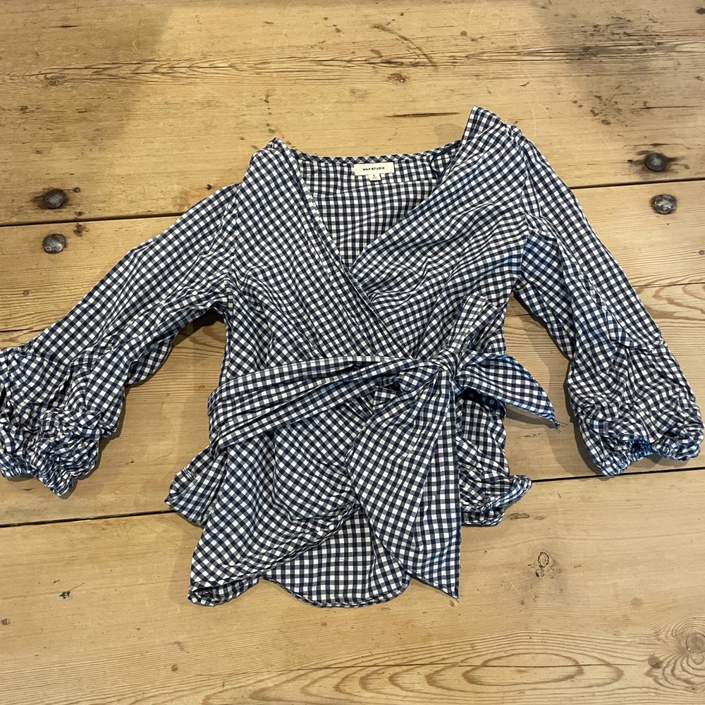 Max Studio Blue and White Gingham wrap top size small